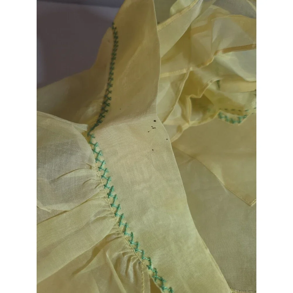 1950s Handmade Yellow Organza Apron Featuring Bold Orange Floral Appliqués